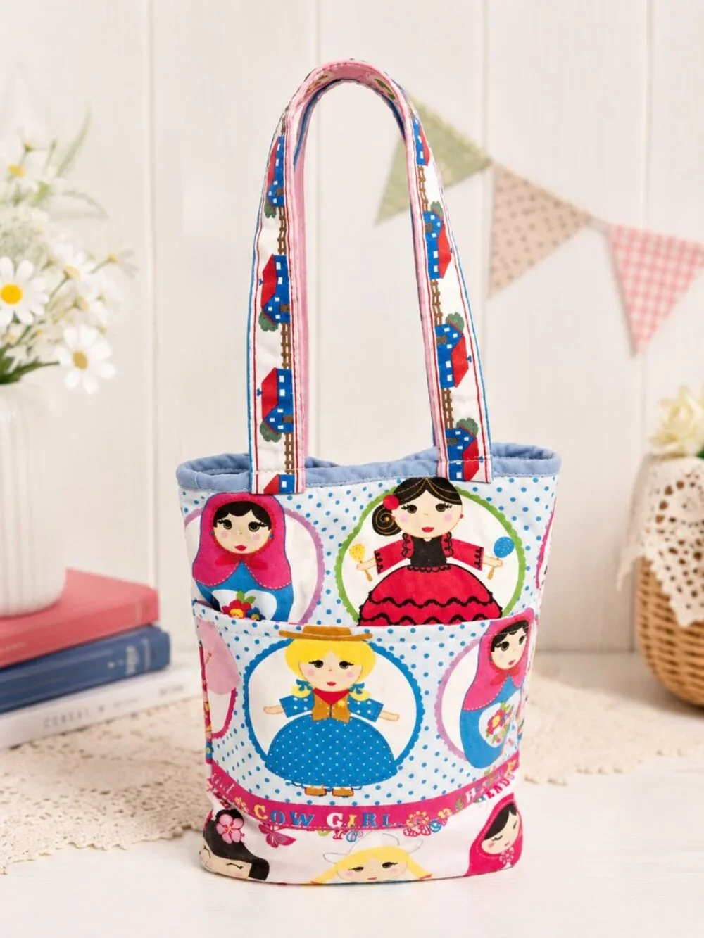 Handmade Colorful Doll Print Tote Bag